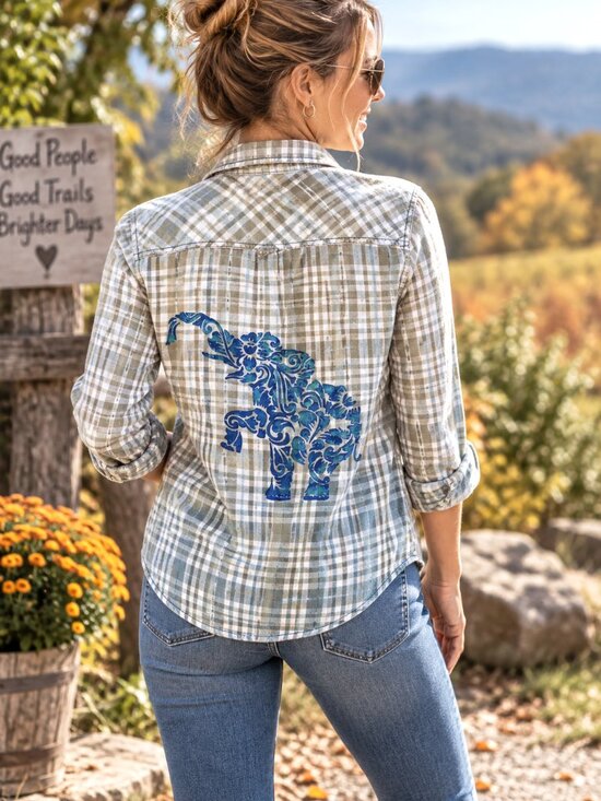 Upcycled Tops - Upcycled Bleached Flannel Shirt Hand Painted Elephant Top Green Blue Medium
